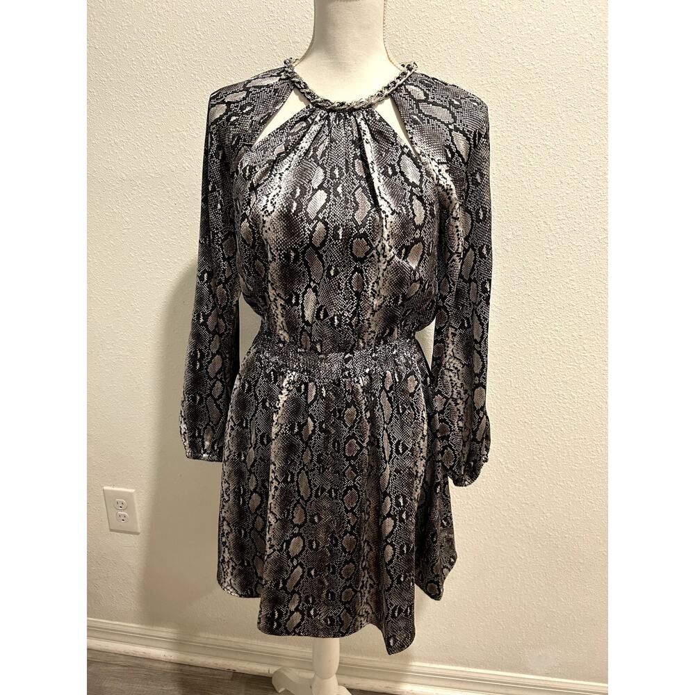 Michael Kors Womens Adder Dress Printed Chain-Neck Black White Sz Petite Small